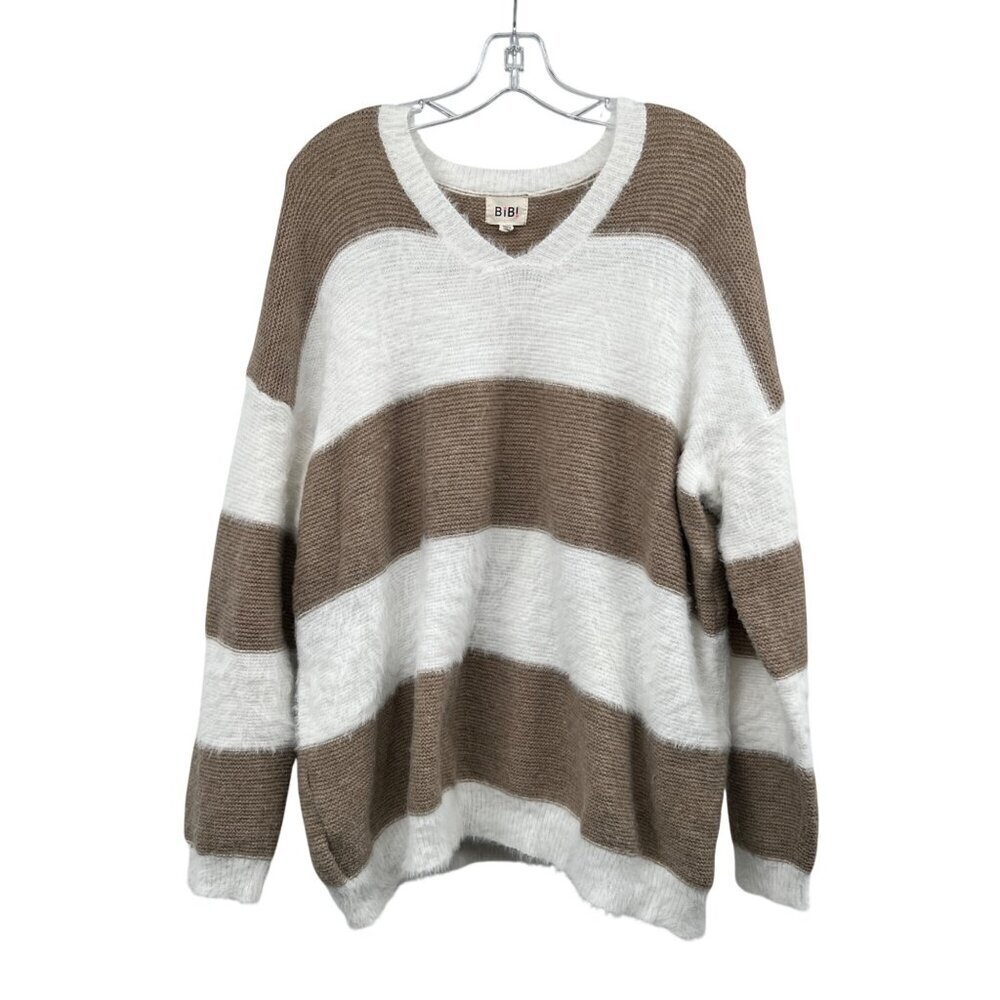 BiBi Womens Striped Fuzzy Knit Sweater V-Neck Beige/White Size XL